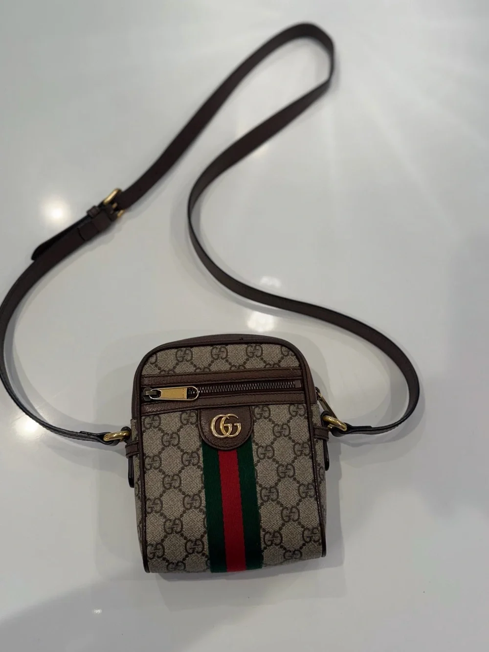 Gucci Beige/Brown GG Supreme Crossbody with Green-Red Web